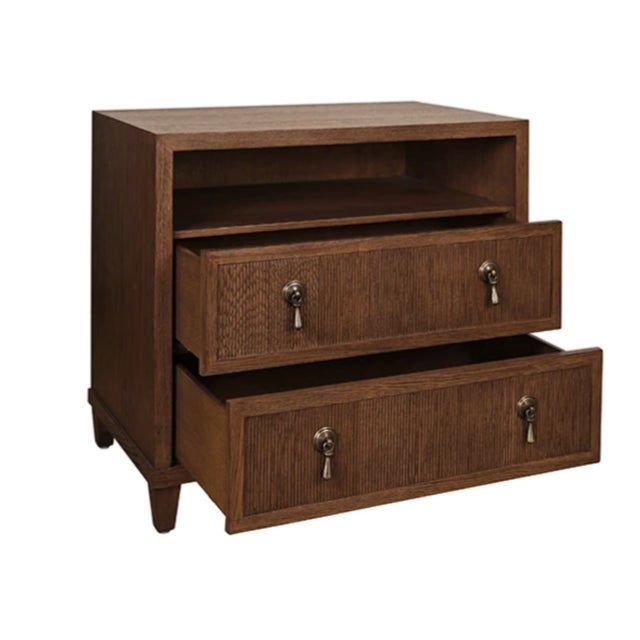Contemporary Matthew Izzo Home Corine Fluted Front Provincial Brown Oak Two Drawer Side Table With Open Shelf and Brass Drawer Pulls For Sale - Image 3 of 7