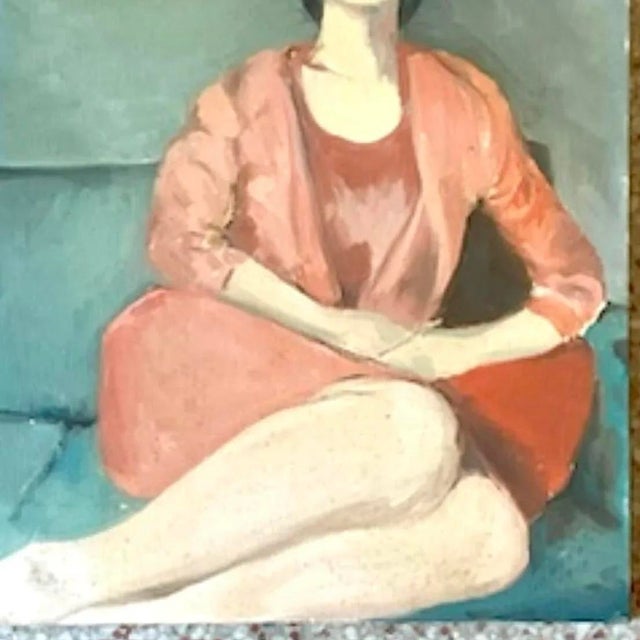 Textile Vintage Italian Signed Modernist Woman Portrait Oil Painting For Sale - Image 7 of 13