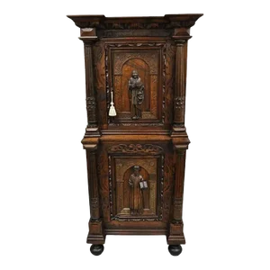 Antique Spanish Renaissance Figural Carved Oak Wood Religious Cupboard Cabinet
