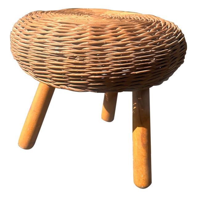 1950s Tripod Wood and Wicker Stool in the Manner of Tony Paul For Sale