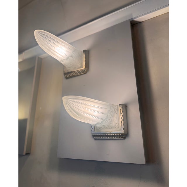 Superb Pair of Art Deco Wall Sconces by Belgian Glassworks, "Canoe" Design Circa 1930 Elongated pressed molded glass...