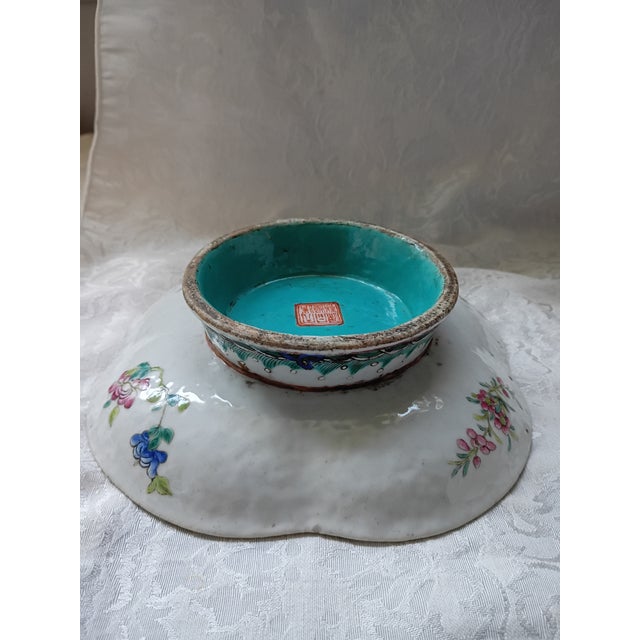 Red Vintage Chinese Iron-Red Enamel Lobed Square Dish With Lotus Scroll & Shou Characters For Sale - Image 8 of 10