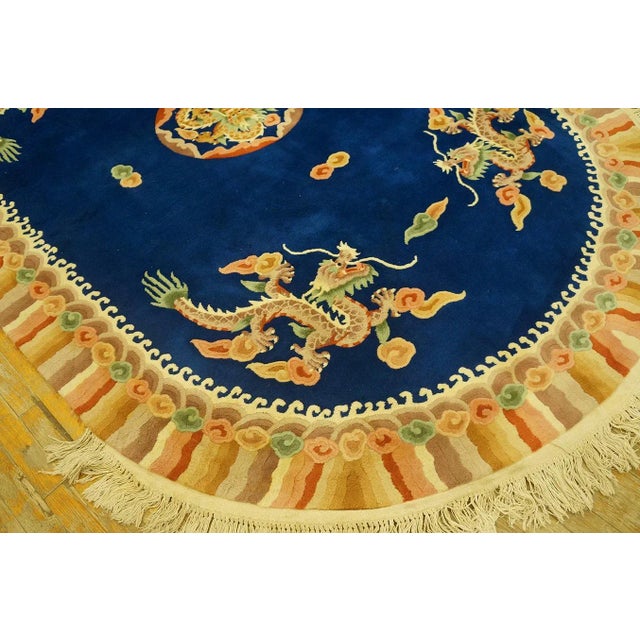 1980s Navy Blue Dragon Medallion Vintage Chinese Art Deco Carpet Oval 6'' X 9' Knotted Wool Rug For Sale - Image 4 of 12