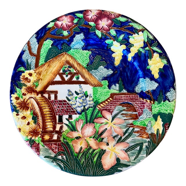 Antique Maling Pottery Plate, 11” English Majolica Tube Lined Display Plate For Sale