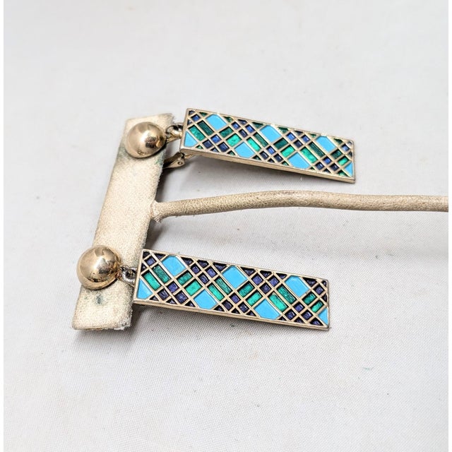1960s Vintage 1960s Signed Boucher Green & Blue Enamel Pendant Clip Earrings-2 Pieces For Sale - Image 5 of 7