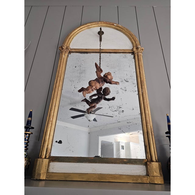 18th/19th Century Italian Carved Giltwood Arched Large Wall Mirror With Floating Winged Cherub Figure For Sale - Image 9 of 12