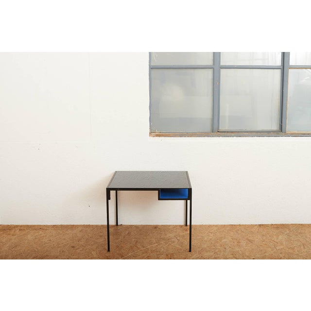 Coffee Table in Black Lacquered Metal Square Tube and Glass Top with Blue Metal Shelf For Sale - Image 10 of 11