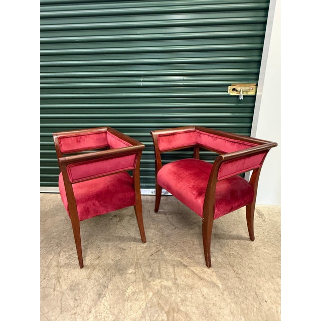 Transitional Pair of Vintage Petite Wood-Framed Tub Chairs in Raspberry Velvet For Sale - Image 3 of 6
