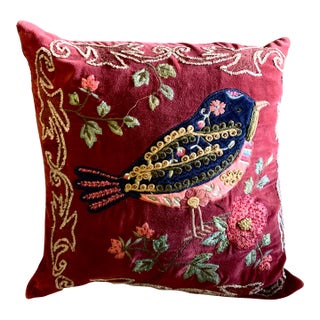Pottery Barn Flowers Bird Decorative Pillow Red Velvet Fabric Beaded 20” X 20” For Sale