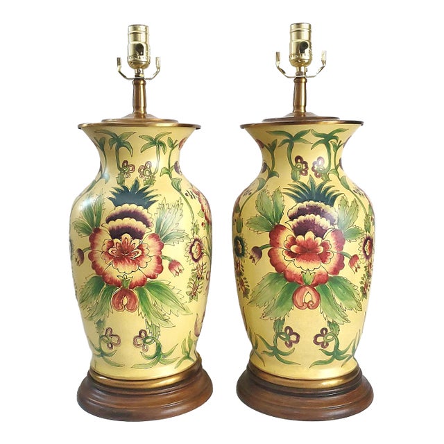 Lamp Pair Yellow Flowers Floral For Sale