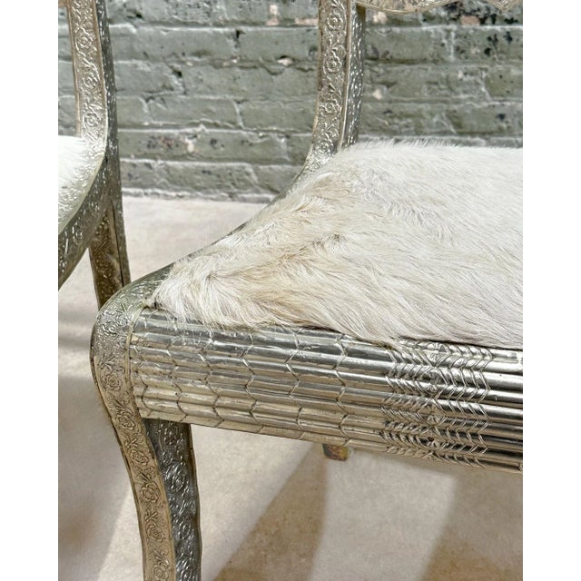 Anglo Raj Style-Indian Hammered Silver Wrap Dining Chairs W/Hair on Hide, 1950 For Sale - Image 10 of 12