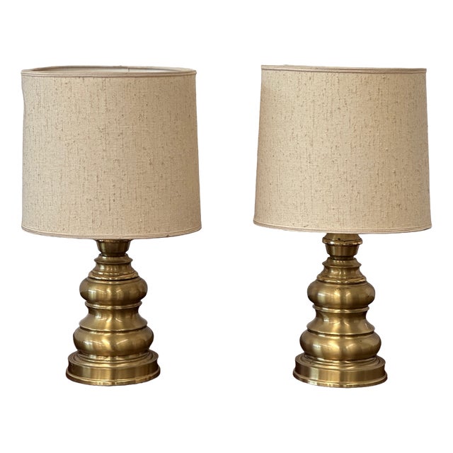 Vintage Table Lamps with Brass Base and Fabric Shade, 1960s, Set of 2 For Sale
