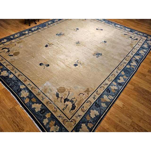 Tan 19th Century Antique Chinese Peking Rug, Handwoven Open Pattern, Tan & Blue, 12' X 14' For Sale - Image 8 of 17