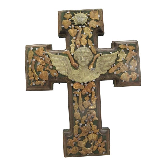 Milagros Mexico Folk Art Nailed Charms Guardian Angel Cherub Cross For Sale