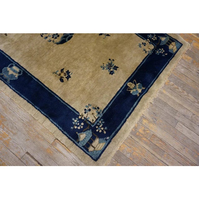 1920s Beige Foliate Medallion Antique Chinese Peking Carpet 4' X 5'9" Knotted Wool Rug For Sale In New York - Image 6 of 10