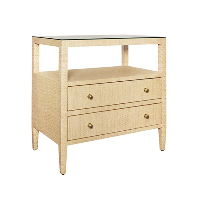 Contemporary Matthew Izzo Home Douglas Natural Grasscloth Two Drawer Side Table With Open Shelf, Glass Top, and Brass Knobs For Sale - Image 3 of 8