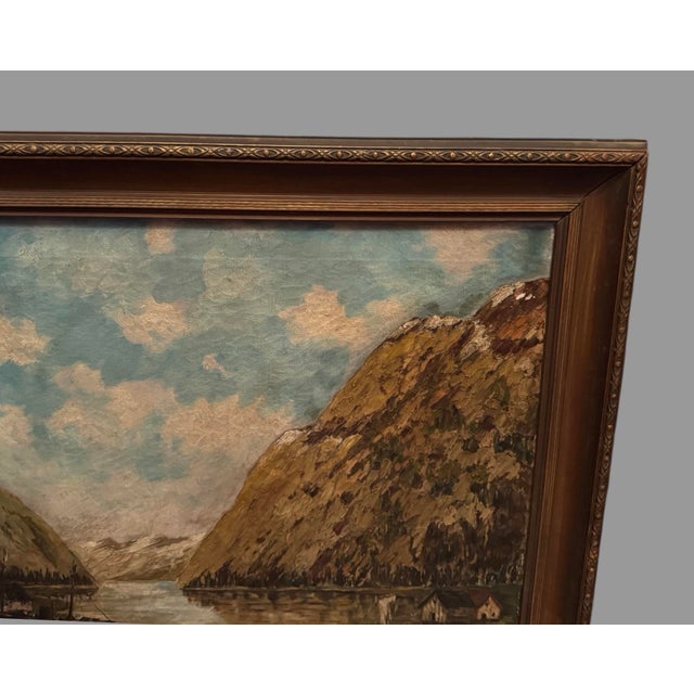 Realism Antique Norwegian Seascape Village Oil Painting on Canvas H Lichtenberger For Sale - Image 3 of 11