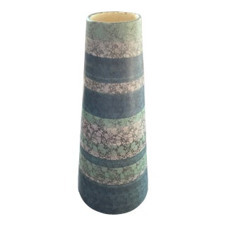 Mid Century Madeline Originals Blue Teal Stripe Sponge Pottery Vase - 9"h For Sale