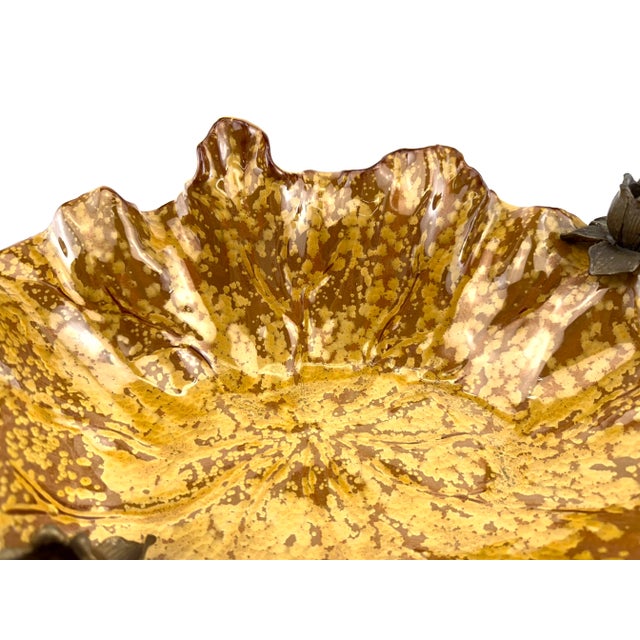Bronze Vintage Mid Century Castilian Imports Ruffled Ceramic Lotus Bowl With Bronze Accents For Sale - Image 8 of 14