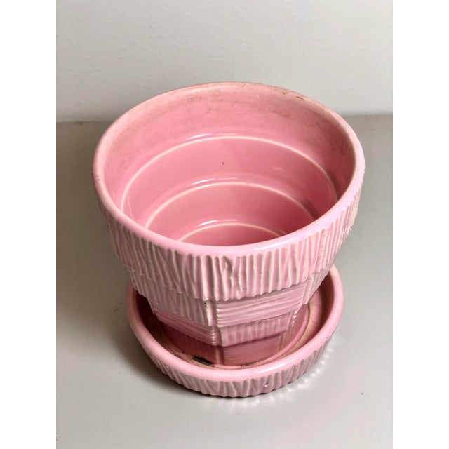 McCoy Pottery 1940s - 1960s "Pink" Mid Century Flower Pot And Attached Saucer Bark Basket Weave Design, Small, Pink glaze...
