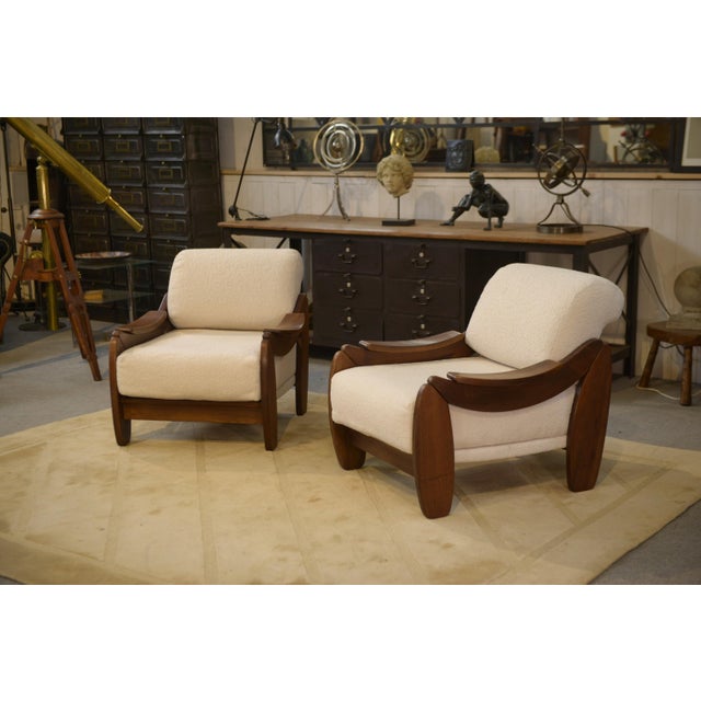 Brutalist Armchairs in Wood and Ecru Bouclé, 1970s, Set of 2 For Sale - Image 13 of 13
