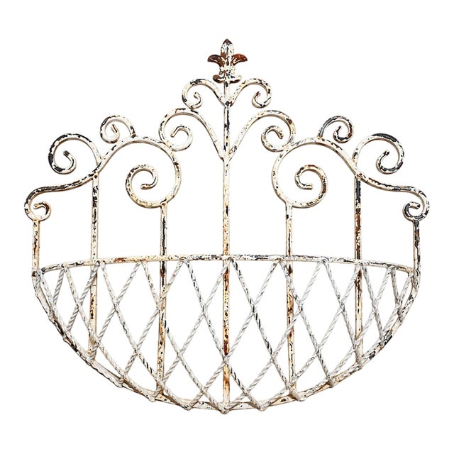Antique Metal Fleur De Lis Design Wall Mounted Planter Holder For Sale