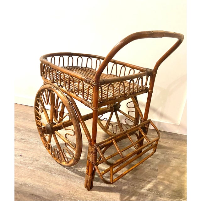 Vintage Rattan French Rivera Drinks Trolley Bar Cart Attributed to Adrien Audoux & Frida Minet C. 1950's For Sale - Image 11 of 11