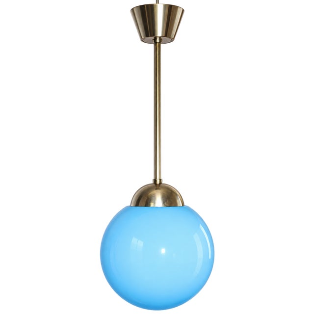 Blue Pendant Lamp with Blue Glass Shade, 1940s. For Sale - Image 8 of 8