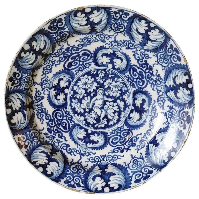 Blue Dutch Delft Drie Posteleyne Astonne Pottery Blue and White Angel Plate For Sale - Image 8 of 8