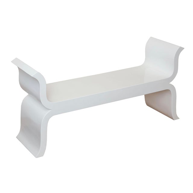 This amazing restored white lacquered over wood scrolled curved wood bench makes a statement in any room. Regency style...