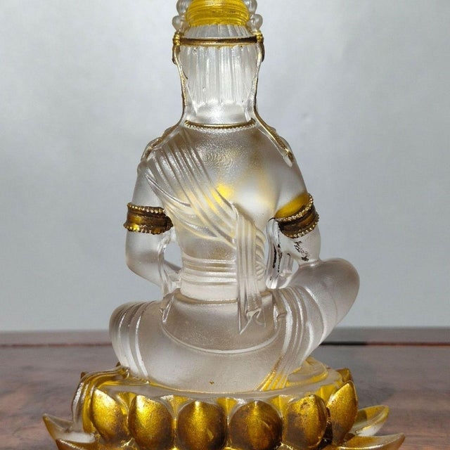 Glass Vintage Liuli Crystal Lotus Guanyin Statue With Gilt Accents and Original Silk Box For Sale - Image 7 of 9