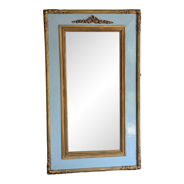Large French Giltwood / Baby Blue Frame Floor or Wall Mirror For Sale
