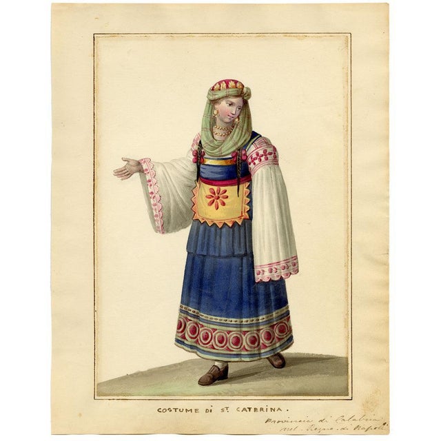 Michela De Vito, Costume of St. Catherine, Province of Calabria in the Kingdom of Naples, 1800s, Watercolour For Sale - Image 4 of 7