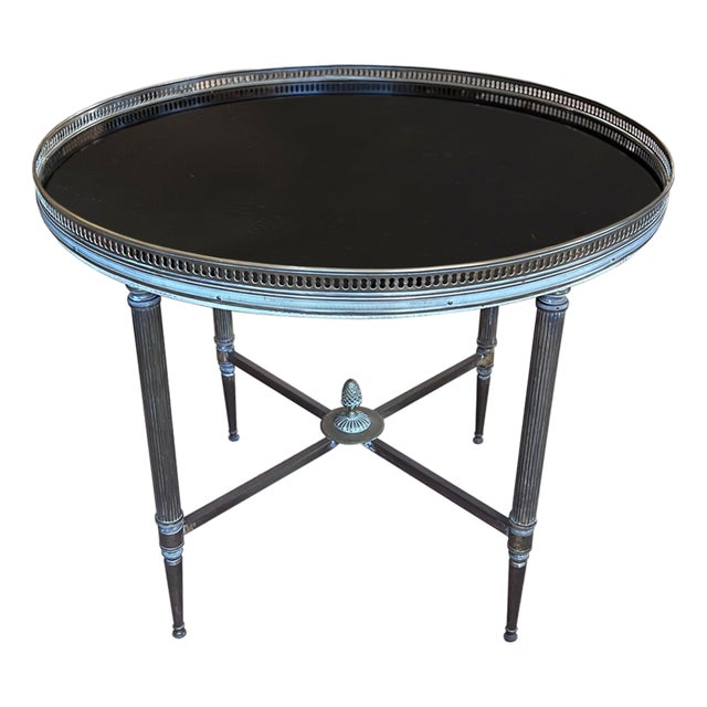 Round Brass Side Table with Black Glass in the style of Maison Jansen, French, 1960s For Sale