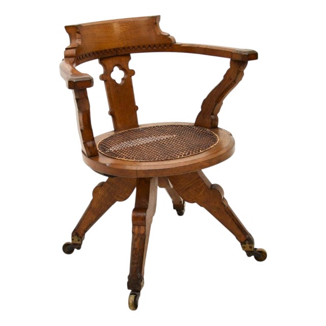 Antique Victorian Gothic Revival Oak Swivel Chair, 1870s For Sale
