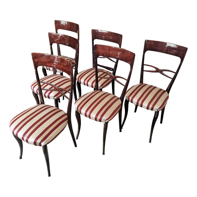 Chairs in Wood and Cream & Burgundy Fabric, 1960s, Set of 6 For Sale