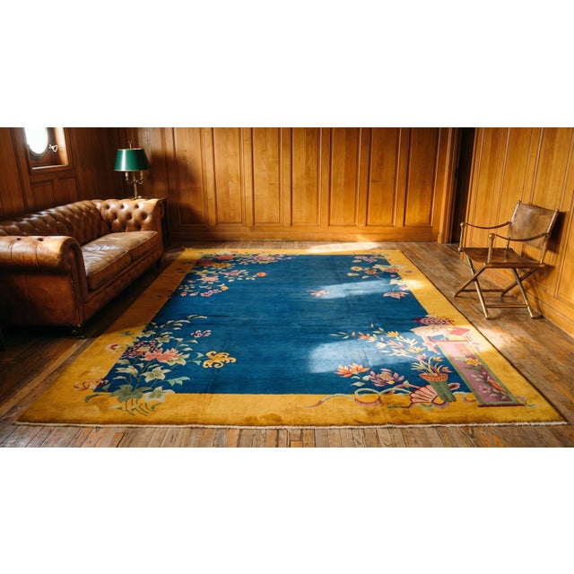 Royal Blue 1920s Royal Blue Floral Antique Chinese Art Deco Rug 8'9" X 11'4" Handknotted Wool Carpet For Sale - Image 8 of 9
