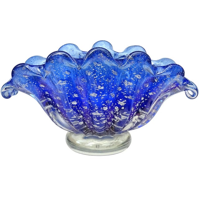 Barovier Toso Murano Vintage Cobalt Blue Silver Flecks Italian Art Glass Conch Shell Bowl Vase For Sale - Image 9 of 9