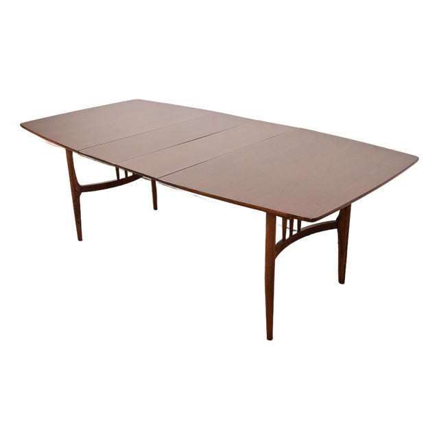 Broyhill Brasilia Style Mid-Century Modern Boat Shaped Walnut Extension Dining Table, Newly Refinished For Sale