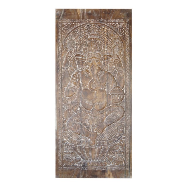 Vintage Indian Carved Ganesha Barn Door – Handcrafted Wall Art Accent 96x40 For Sale
