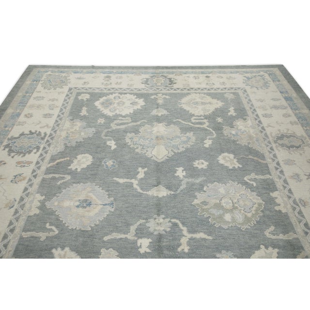 Early 21st Century Gray Floral Design Handwoven Wool Turkish Oushak Rug 9'1" X 11'9" For Sale - Image 4 of 8