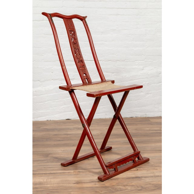Chinese Antique Chinese Red Lacquered Folding Traveller’s Chair With Footrest For Sale - Image 3 of 13