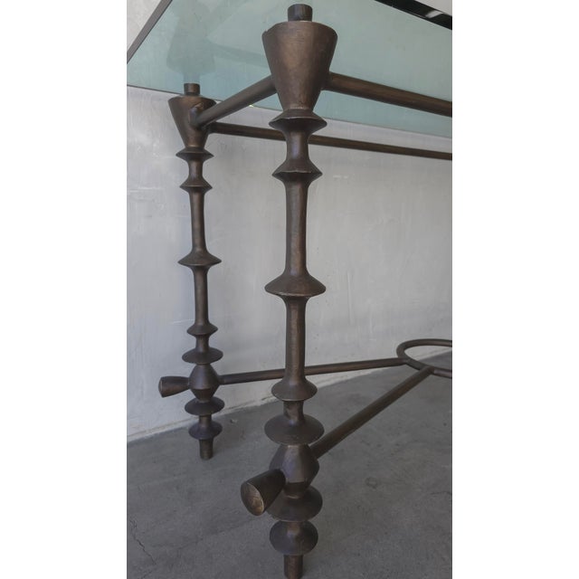 Giacometti Style Bronzed Finish and Glass Console Table For Sale - Image 9 of 11