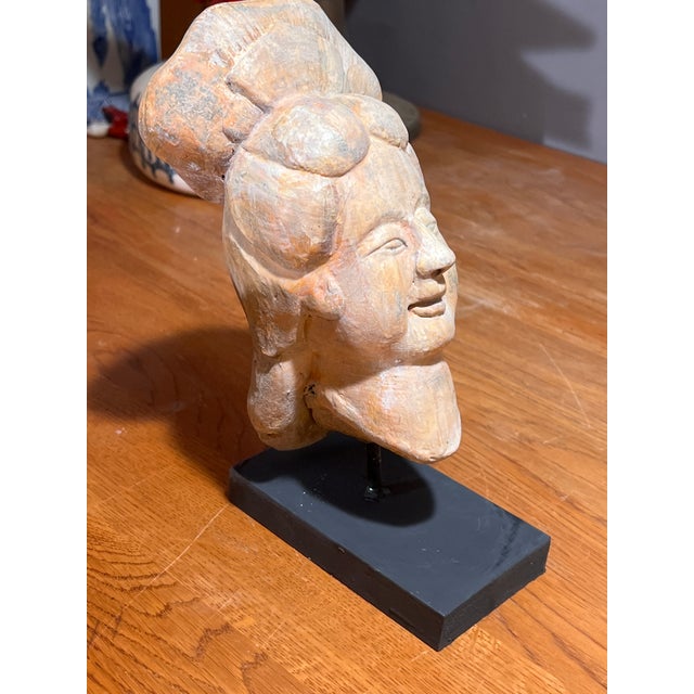 Vintage Han Dynasty Style Painted Terracotta Head Bust of Noblewomen on the Stand For Sale - Image 10 of 12