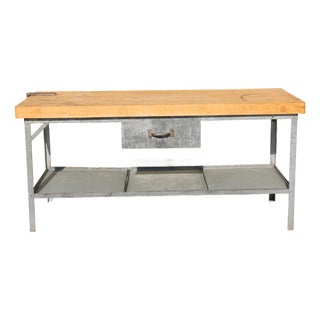 1950s Industrial Butcher Block Workstation Table With Steel Frame, Drawer & Removable Galvanized Trays For Sale