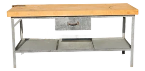 1950s Industrial Butcher Block Workstation Table With Steel Frame, Drawer & Removable Galvanized Trays