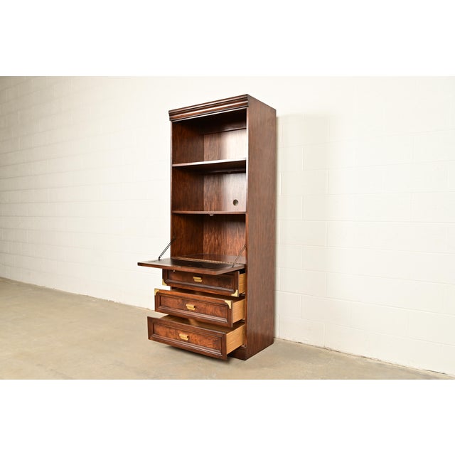 Henredon Style Mid-Century Modern Hollywood Regency Campaign Burled Walnut Bookcase With Drop Front Secretary Desk, Circa 1970s For Sale In South Bend - Image 6 of 15