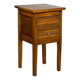 Petite French 1870s Walnut Side Table with Tambour Door and Tapering Legs For Sale