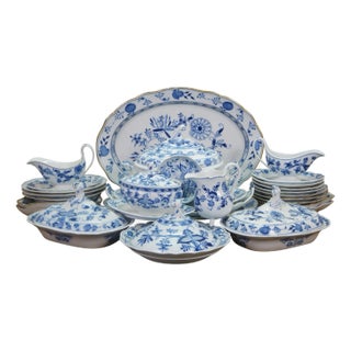 31pc Antique German Meissen Blue Onion Dinner Serving Tureens Platters Plates For Sale