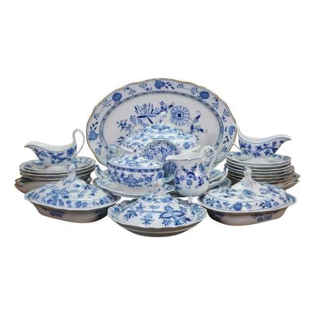 31pc Antique German Meissen Blue Onion Dinner Serving Tureens Platters Plates For Sale